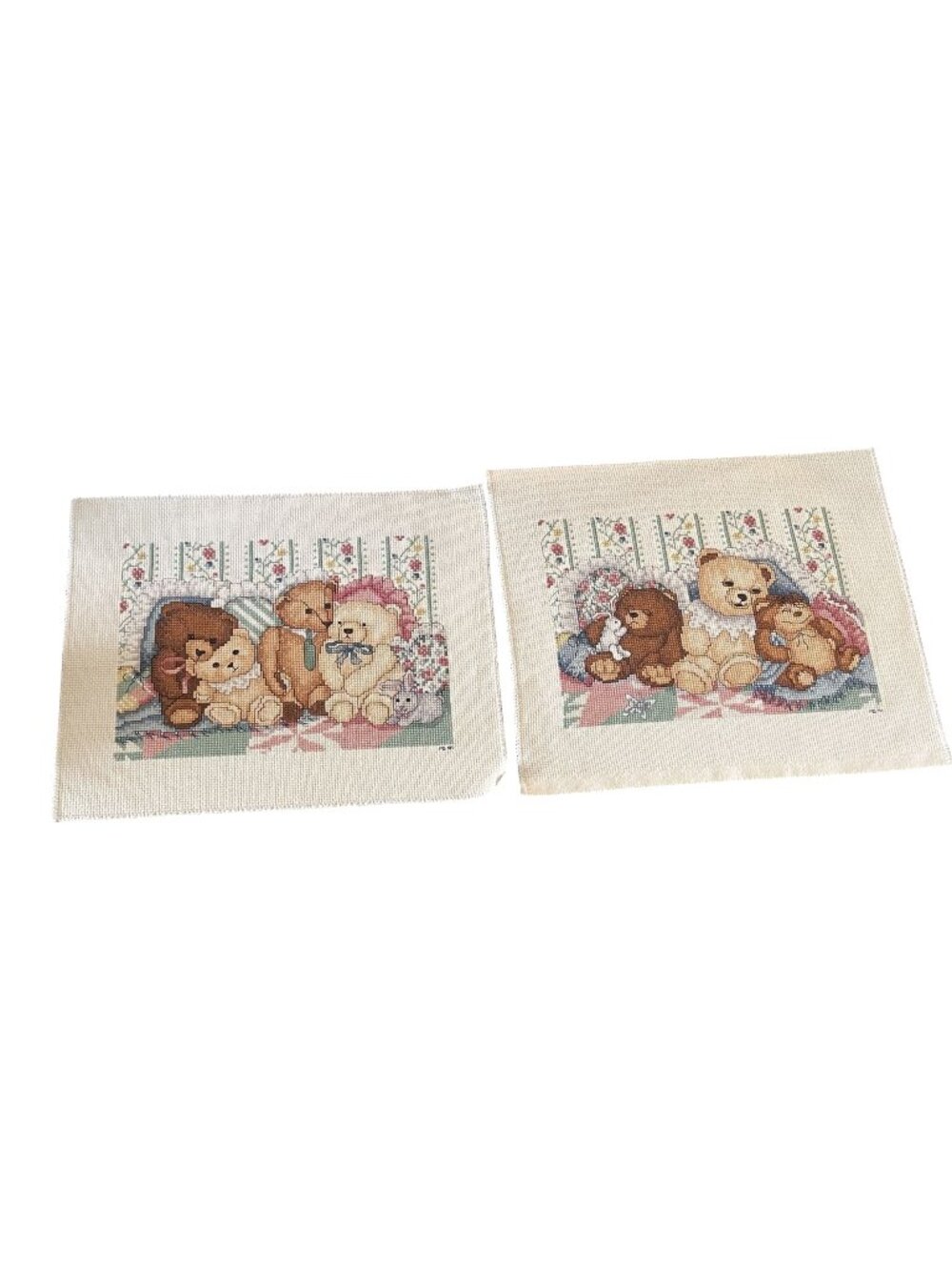 Vintage 90's Needlepoint Teddy Bears  9-1/2" x 11-1/2" Set of 2